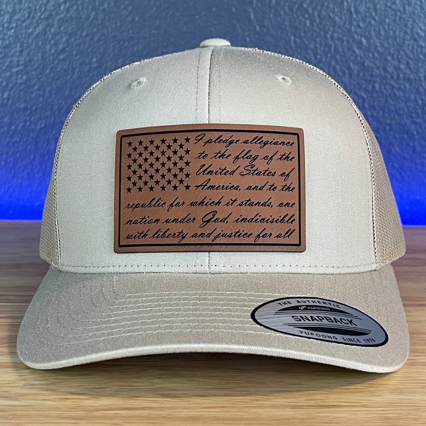 The Pledge Of Allegiance American Flag Patriotic SnapBack Trucker Leather Patch Hat Khaki - Hollow Point Society - Patch Hat