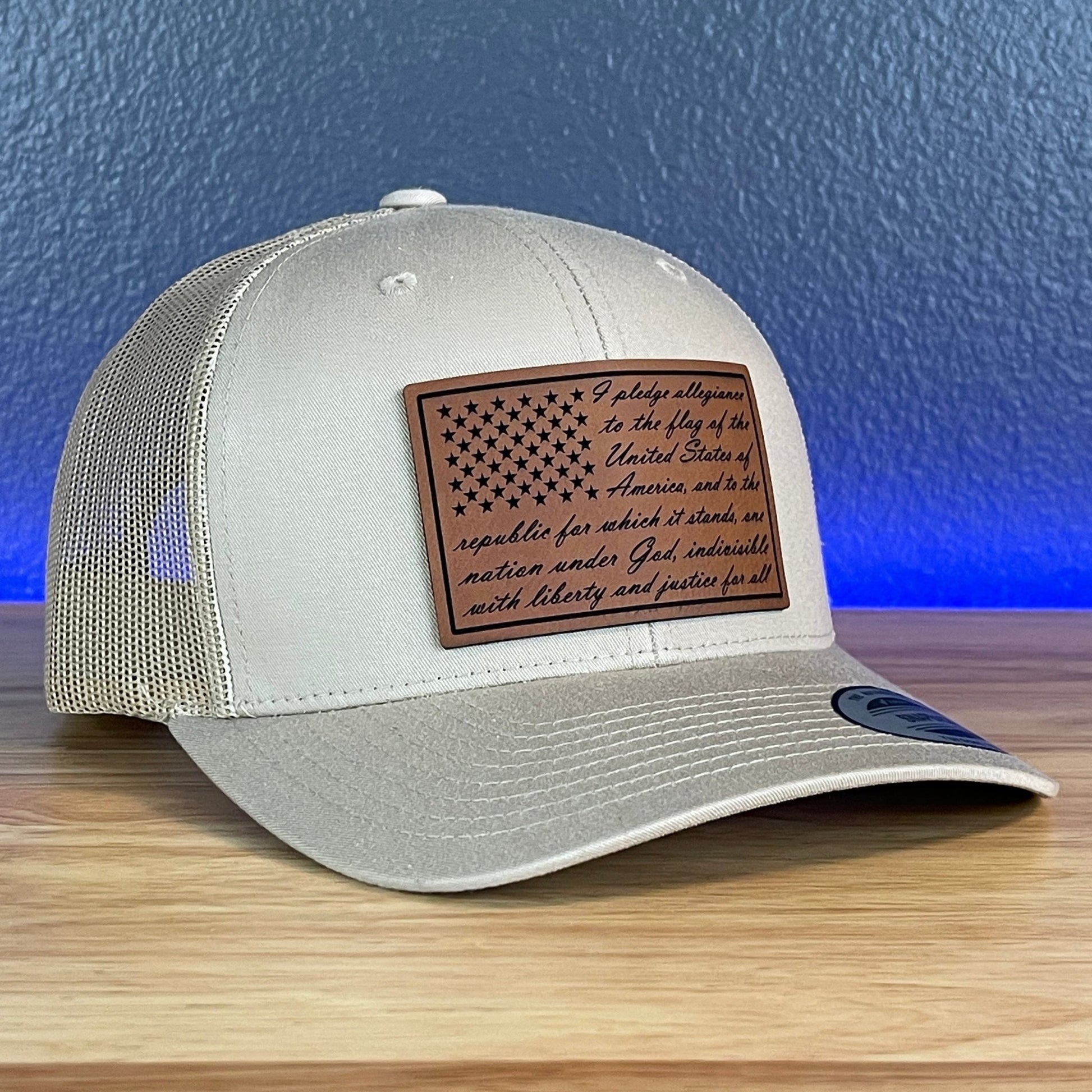 The Pledge Of Allegiance American Flag Patriotic SnapBack Trucker Leather Patch Hat Khaki - Hollow Point Society - Patch Hat