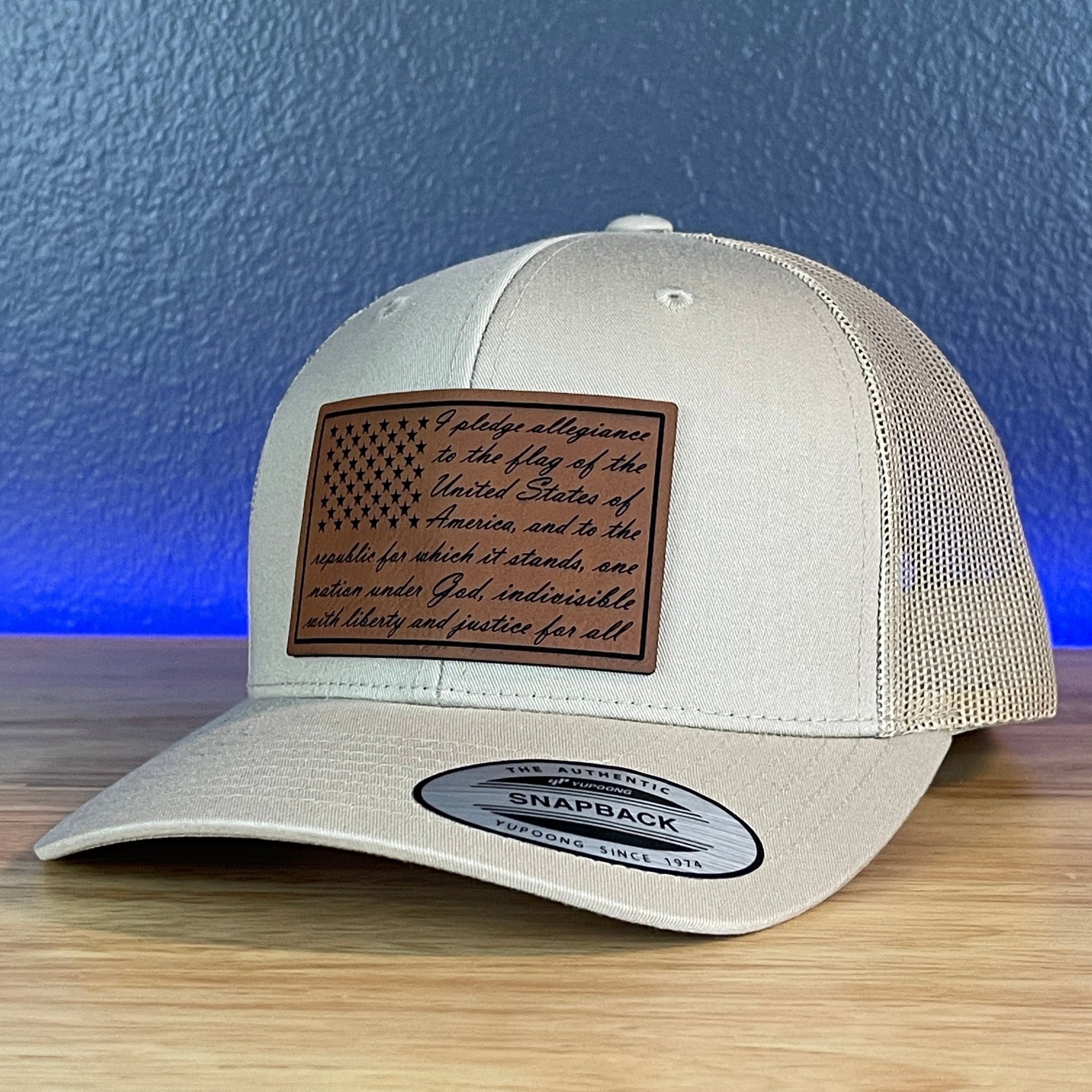 The Pledge Of Allegiance American Flag Patriotic SnapBack Trucker Leather Patch Hat Khaki - Hollow Point Society - Patch Hat