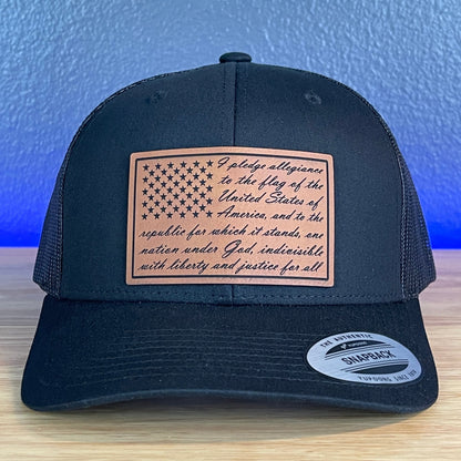 The Pledge Of Allegiance American Flag Patriotic SnapBack Trucker Rawhide Leather Patch Black Hat - Hollow Point Society - Patch Hat