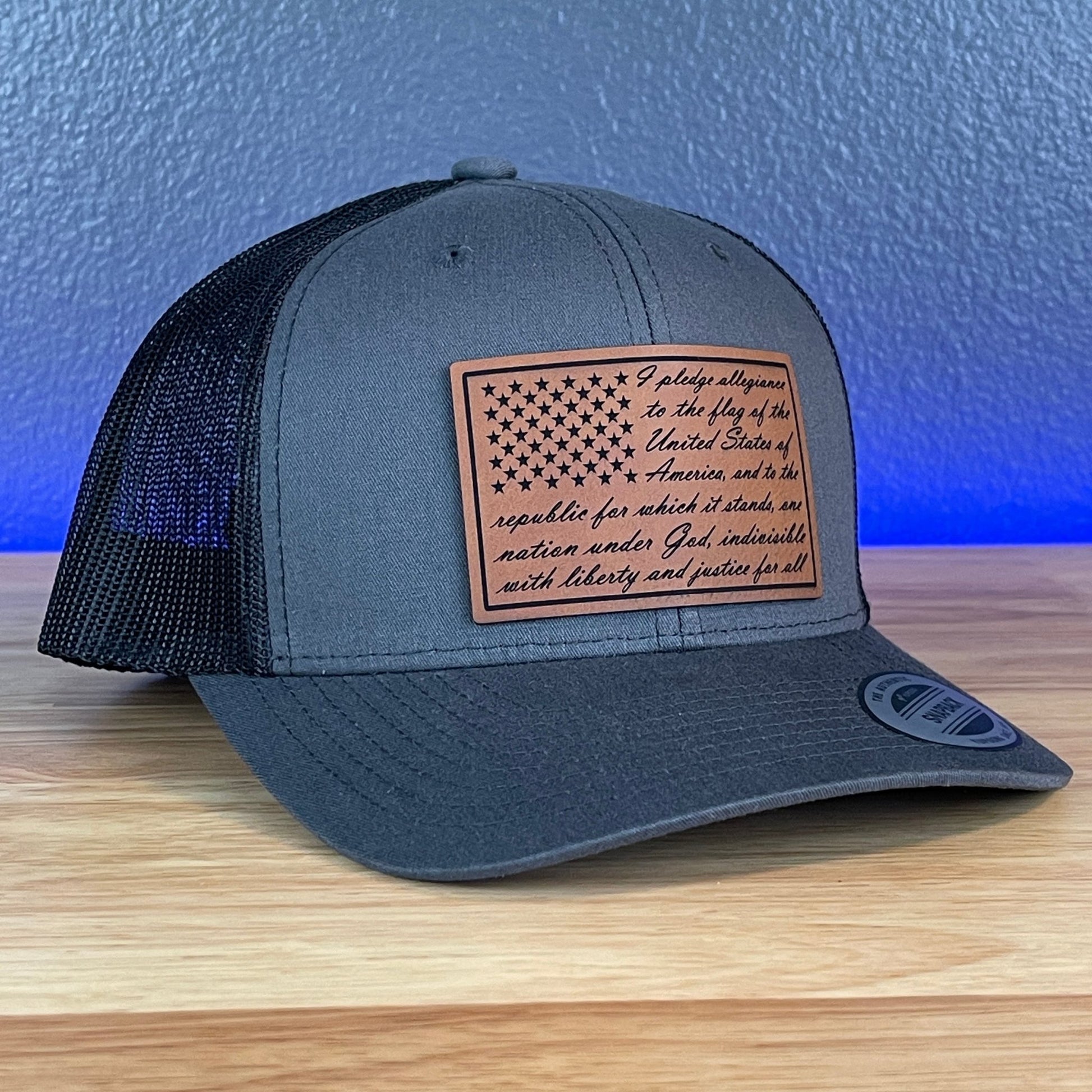 The Pledge Of Allegiance American Flag Patriotic SnapBack Trucker Rawhide Leather Patch Hat Charcoal - Hollow Point Society - Patch Hat