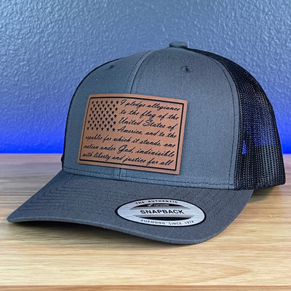 The Pledge Of Allegiance American Flag Patriotic SnapBack Trucker Rawhide Leather Patch Hat Charcoal - Hollow Point Society - Patch Hat