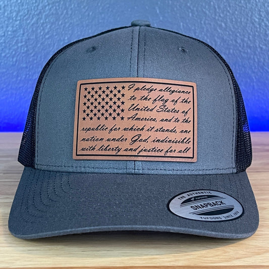 The Pledge Of Allegiance American Flag Patriotic SnapBack Trucker Rawhide Leather Patch Hat Charcoal - Hollow Point Society - Patch Hat