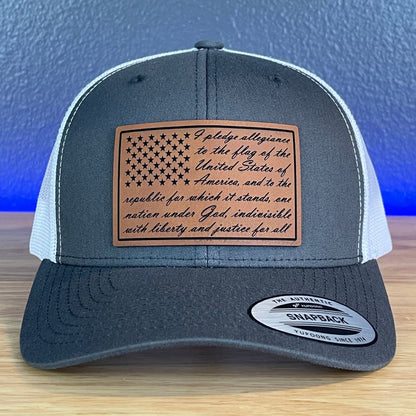 The Pledge Of Allegiance American Flag Patriotic SnapBack Trucker Rawhide Leather Patch Hat Charcoal/White - Hollow Point Society - Patch Hat