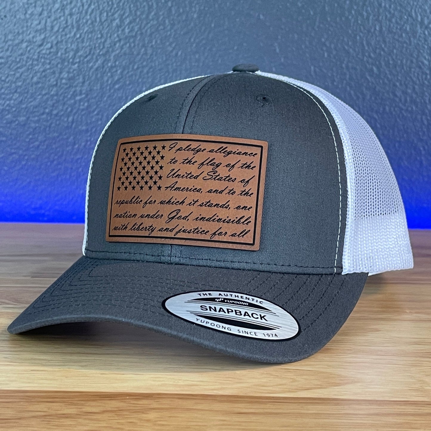 The Pledge Of Allegiance American Flag Patriotic SnapBack Trucker Rawhide Leather Patch Hat Charcoal/White - Hollow Point Society - Patch Hat