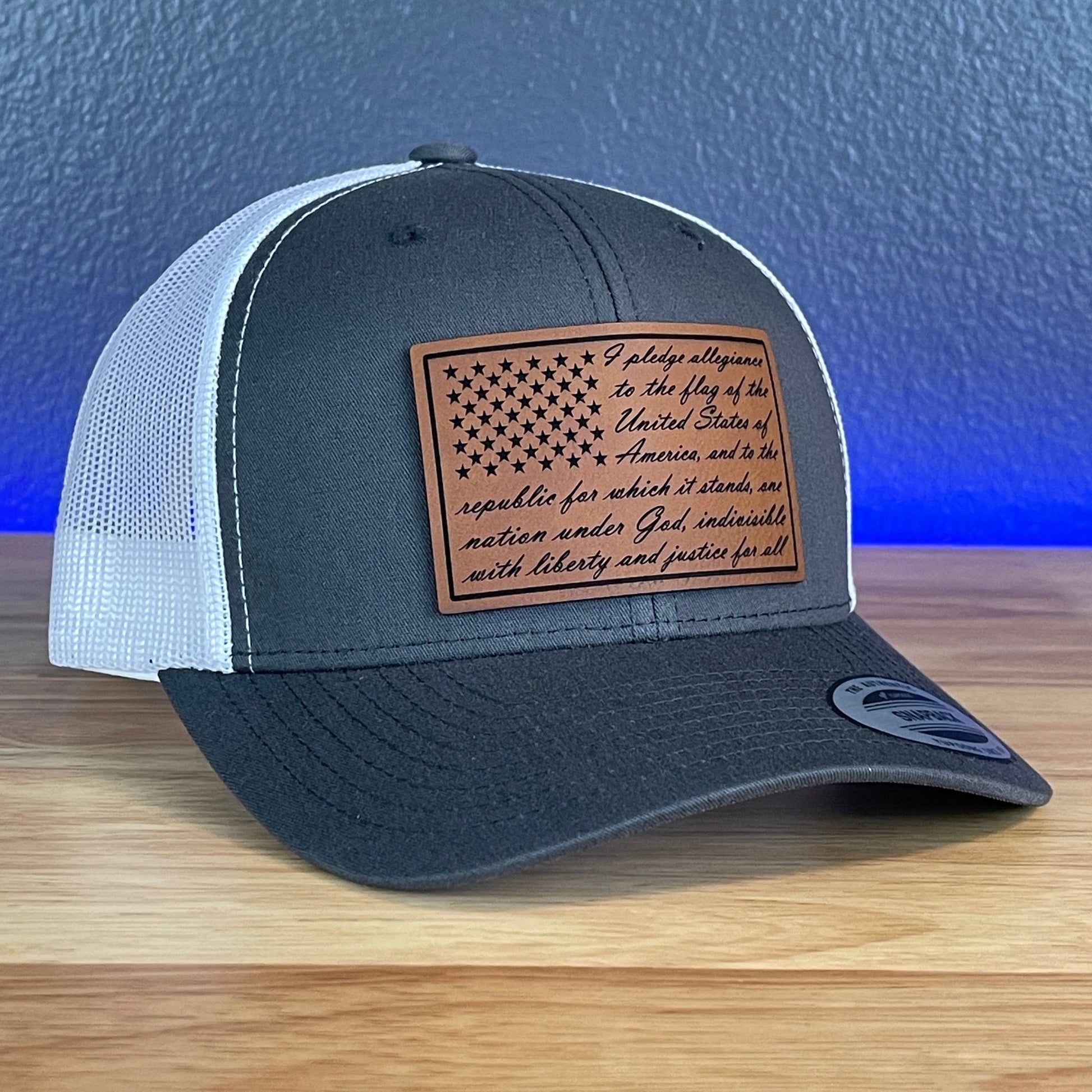 The Pledge Of Allegiance American Flag Patriotic SnapBack Trucker Rawhide Leather Patch Hat Charcoal/White - Hollow Point Society - Patch Hat