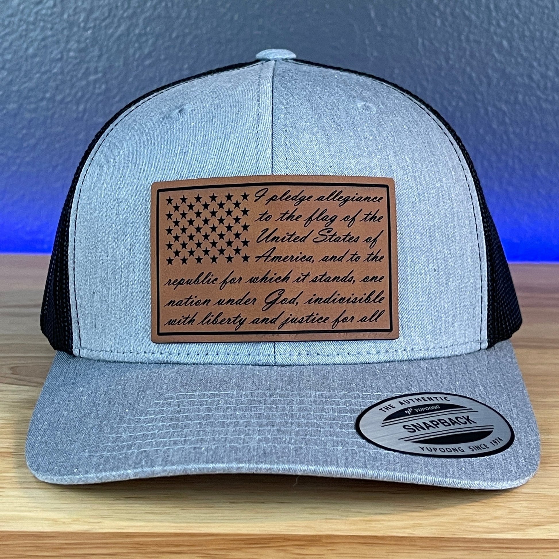 The Pledge of Allegiance American Flag Patriotic SnapBack Trucker Rawhide Leather Patch Hat Heather Grey/Black - Hollow Point Society - Patch Hat