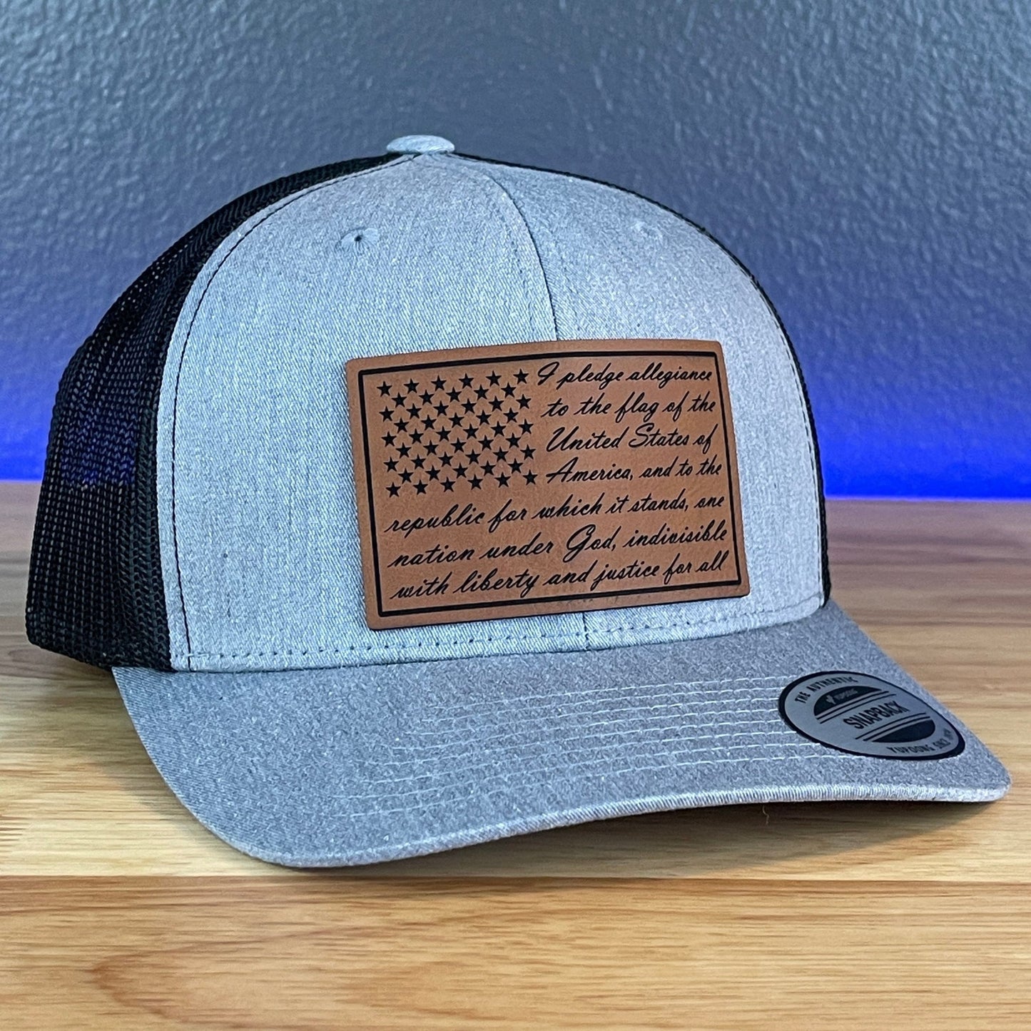 The Pledge of Allegiance American Flag Patriotic SnapBack Trucker Rawhide Leather Patch Hat Heather Grey/Black - Hollow Point Society - Patch Hat