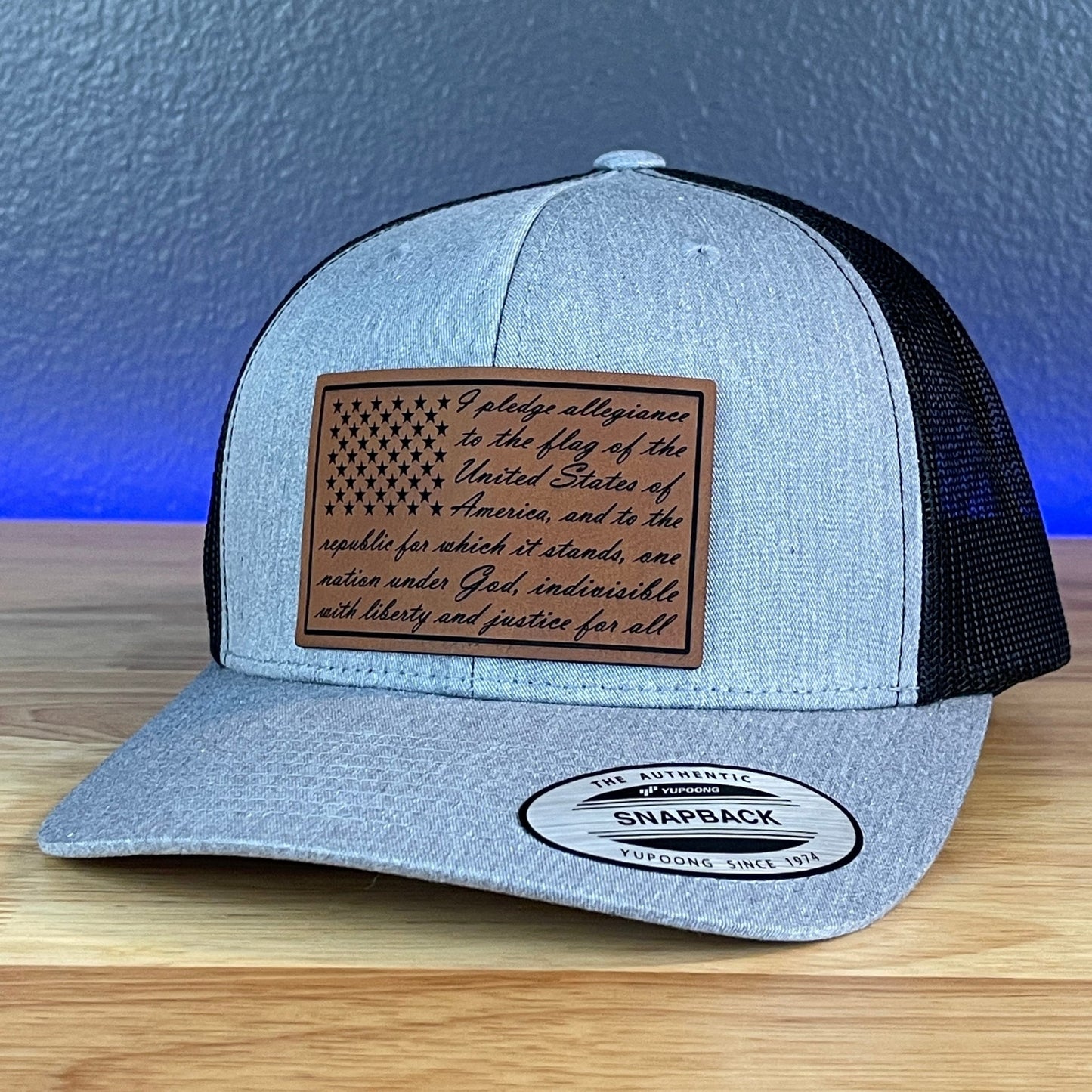 The Pledge of Allegiance American Flag Patriotic SnapBack Trucker Rawhide Leather Patch Hat Heather Grey/Black - Hollow Point Society - Patch Hat