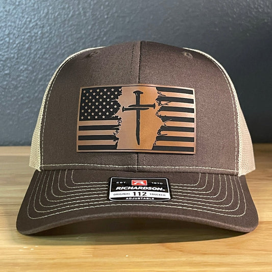Three Nail Cross American Flag Leather Patch SnapBack Trucker Hat - Hollow Point Society - Patch Hat