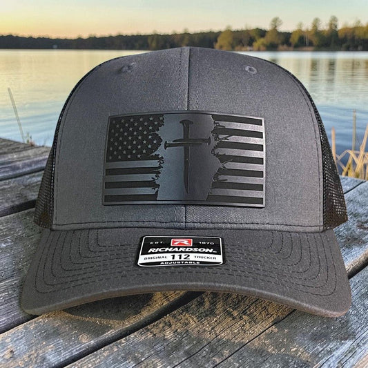 Three Nail Cross American Flag Leather Patch SnapBack Trucker Hat - Hollow Point Society - Patch Hat