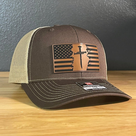 Three Nail Cross American Flag Leather Patch SnapBack Trucker Hat - Hollow Point Society - Patch Hat