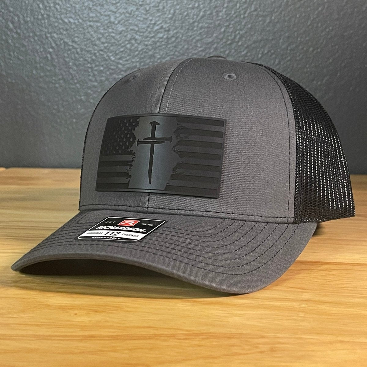 Three Nail Cross American Flag Leather Patch SnapBack Trucker Hat - Hollow Point Society - Patch Hat