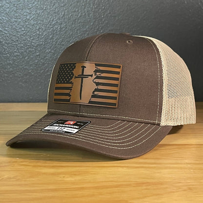 Three Nail Cross American Flag Leather Patch SnapBack Trucker Hat - Hollow Point Society - Patch Hat