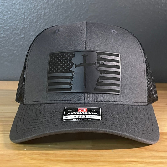 Three Nail Cross American Flag Leather Patch SnapBack Trucker Hat - Hollow Point Society - Patch Hat
