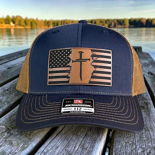 Three Nail Cross American Flag Leather Patch SnapBack Trucker Hat - Hollow Point Society - Patch Hat