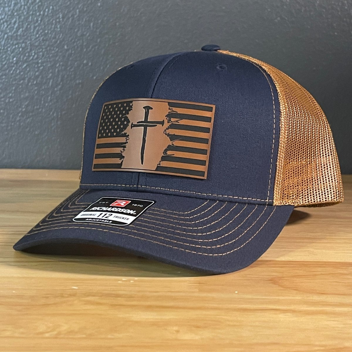 Three Nail Cross American Flag Leather Patch SnapBack Trucker Hat - Hollow Point Society - Patch Hat
