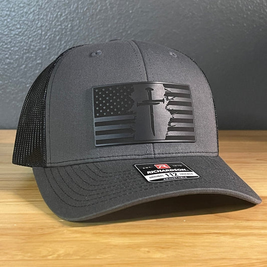 Three Nail Cross American Flag Leather Patch SnapBack Trucker Hat - Hollow Point Society - Patch Hat