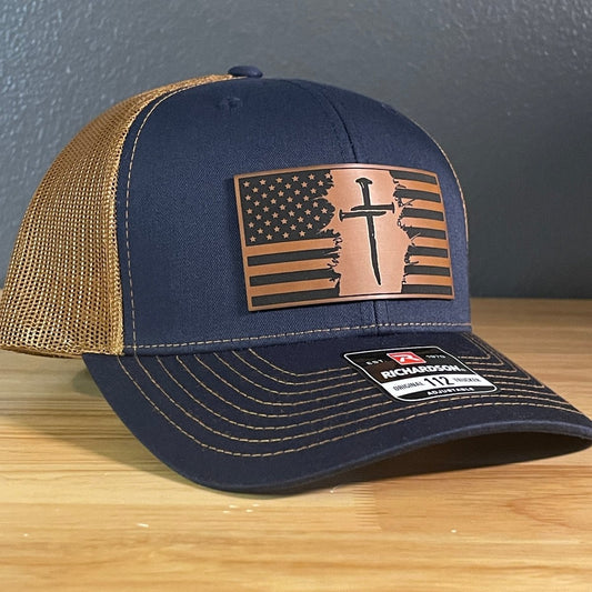 Three Nail Cross American Flag Leather Patch SnapBack Trucker Hat - Hollow Point Society - Patch Hat