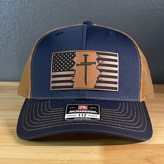 Three Nail Cross American Flag Leather Patch SnapBack Trucker Hat - Hollow Point Society - Patch Hat