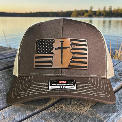 Three Nail Cross American Flag Leather Patch SnapBack Trucker Hat - Hollow Point Society - Patch Hat