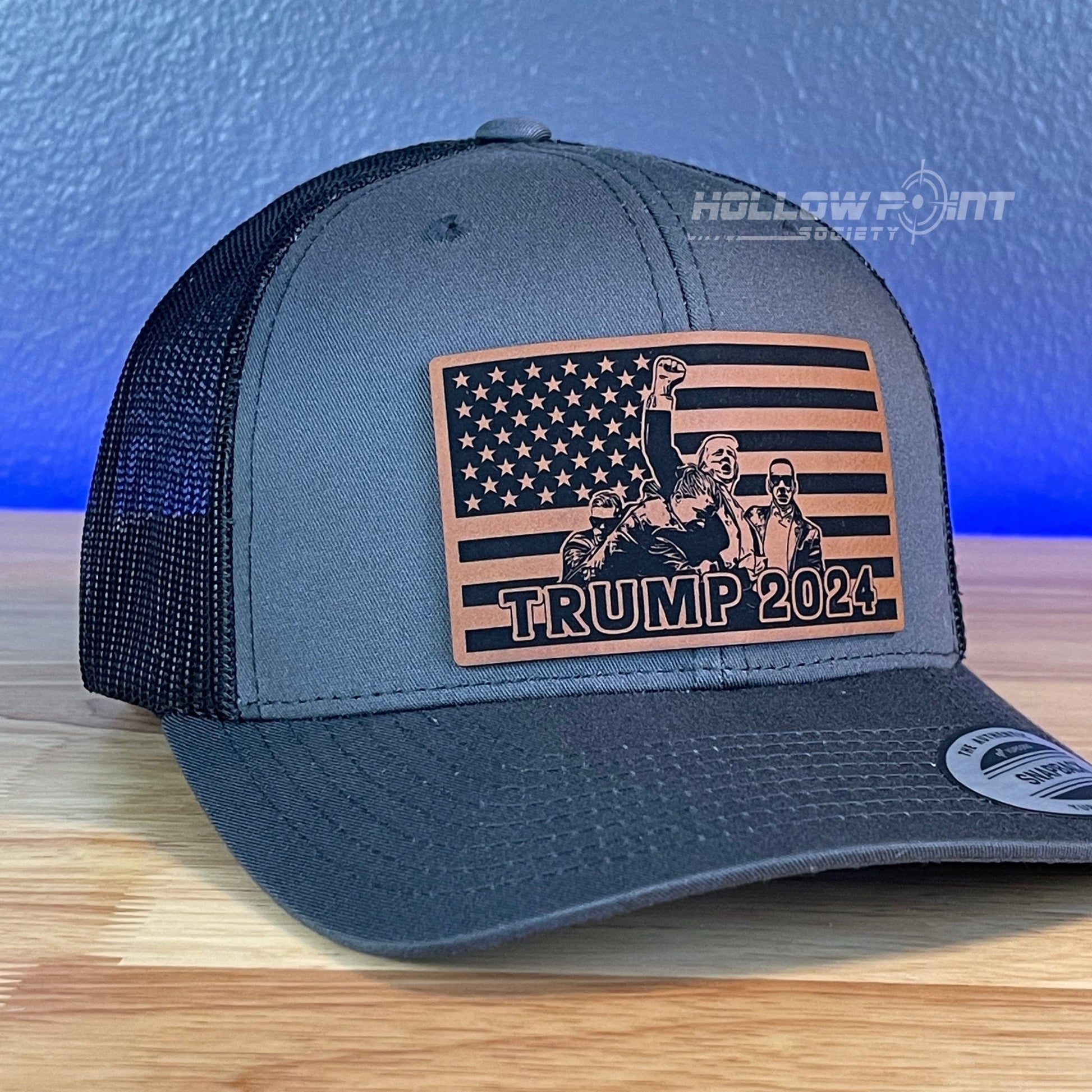 Trump 2024 American Flag SnapBack Trucker Rawhide Leather Patch Charcoal Hat - Hollow Point Society - Patch Hat