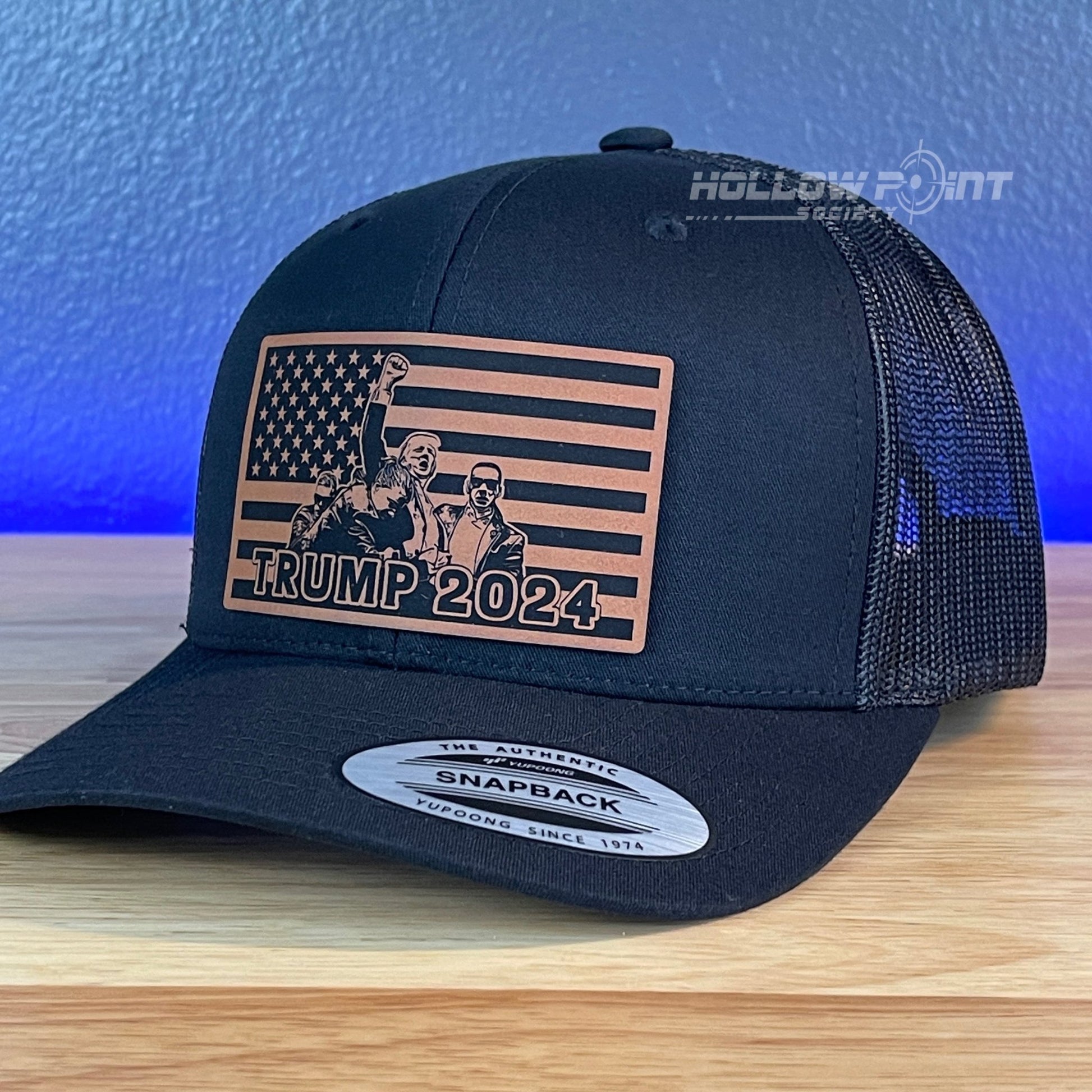 Trump 2024 American Flag SnapBack Trucker Rawhide Leather Patch Hat Black - Hollow Point Society - Patch Hat