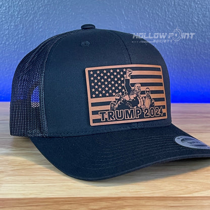 Trump 2024 American Flag SnapBack Trucker Rawhide Leather Patch Hat Black - Hollow Point Society - Patch Hat