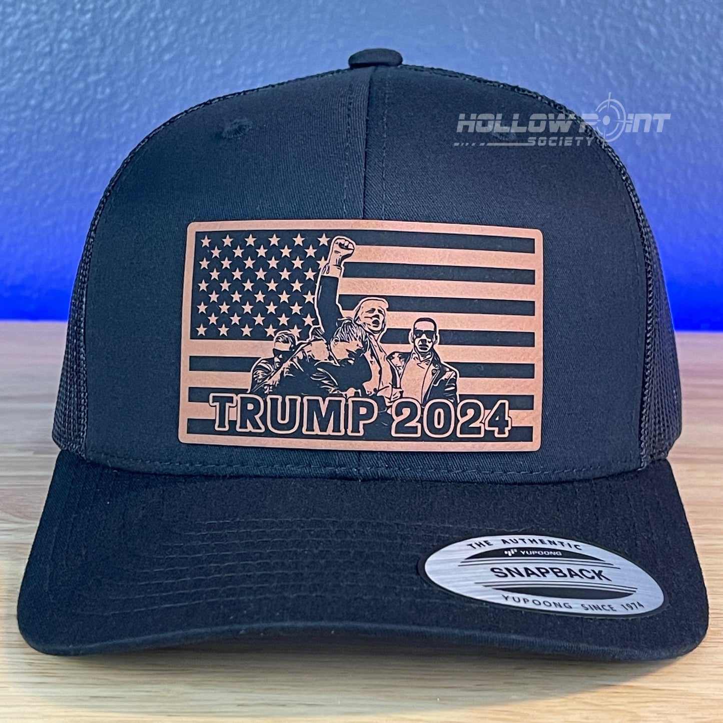 Trump 2024 American Flag SnapBack Trucker Rawhide Leather Patch Hat Black - Hollow Point Society - Patch Hat