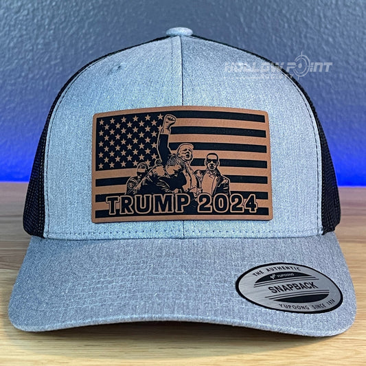 TRUMP 2024 American Flag SnapBack Trucker Rawhide Leather Patch Hat - Hollow Point Society - Patch Hat