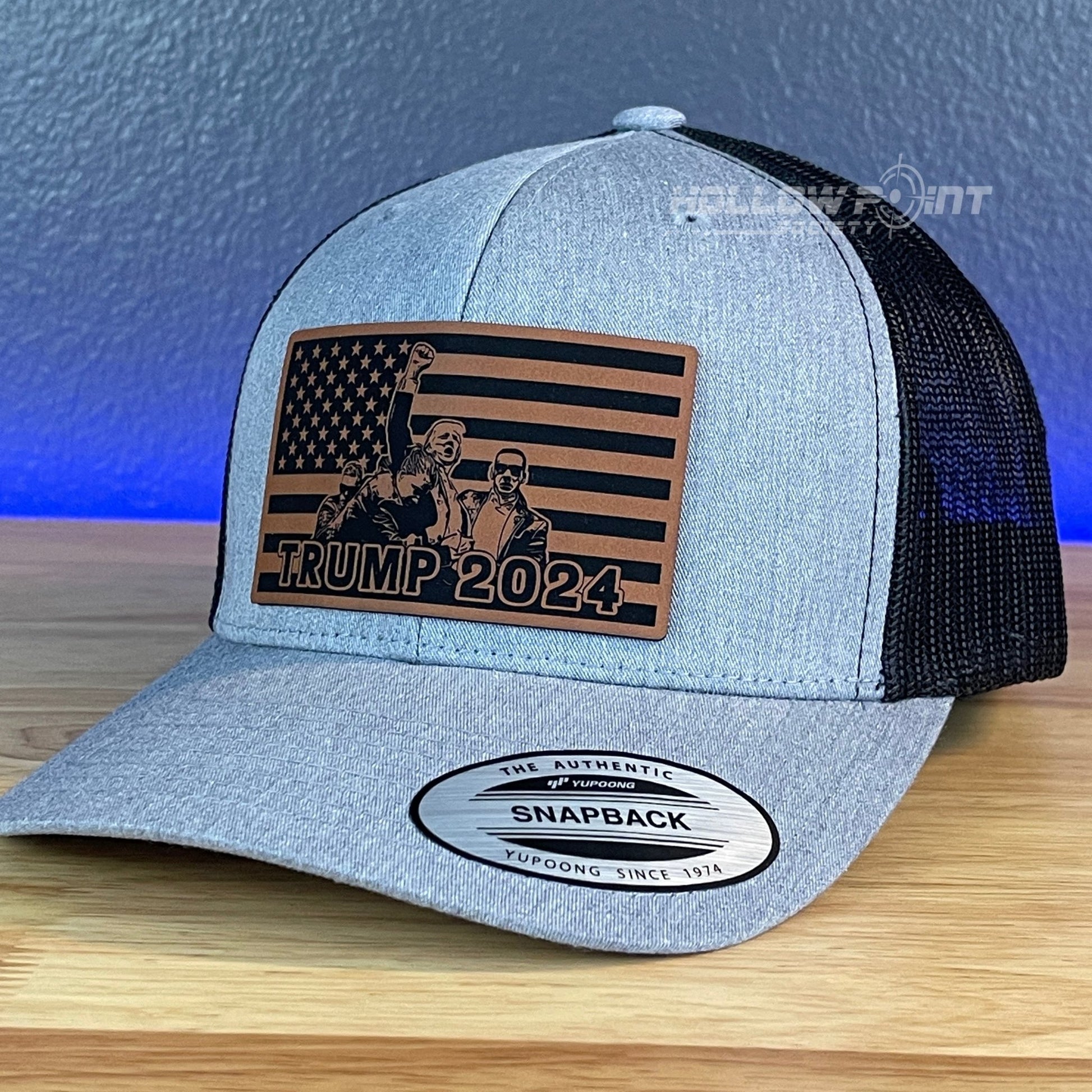 TRUMP 2024 American Flag SnapBack Trucker Rawhide Leather Patch Hat - Hollow Point Society - Patch Hat