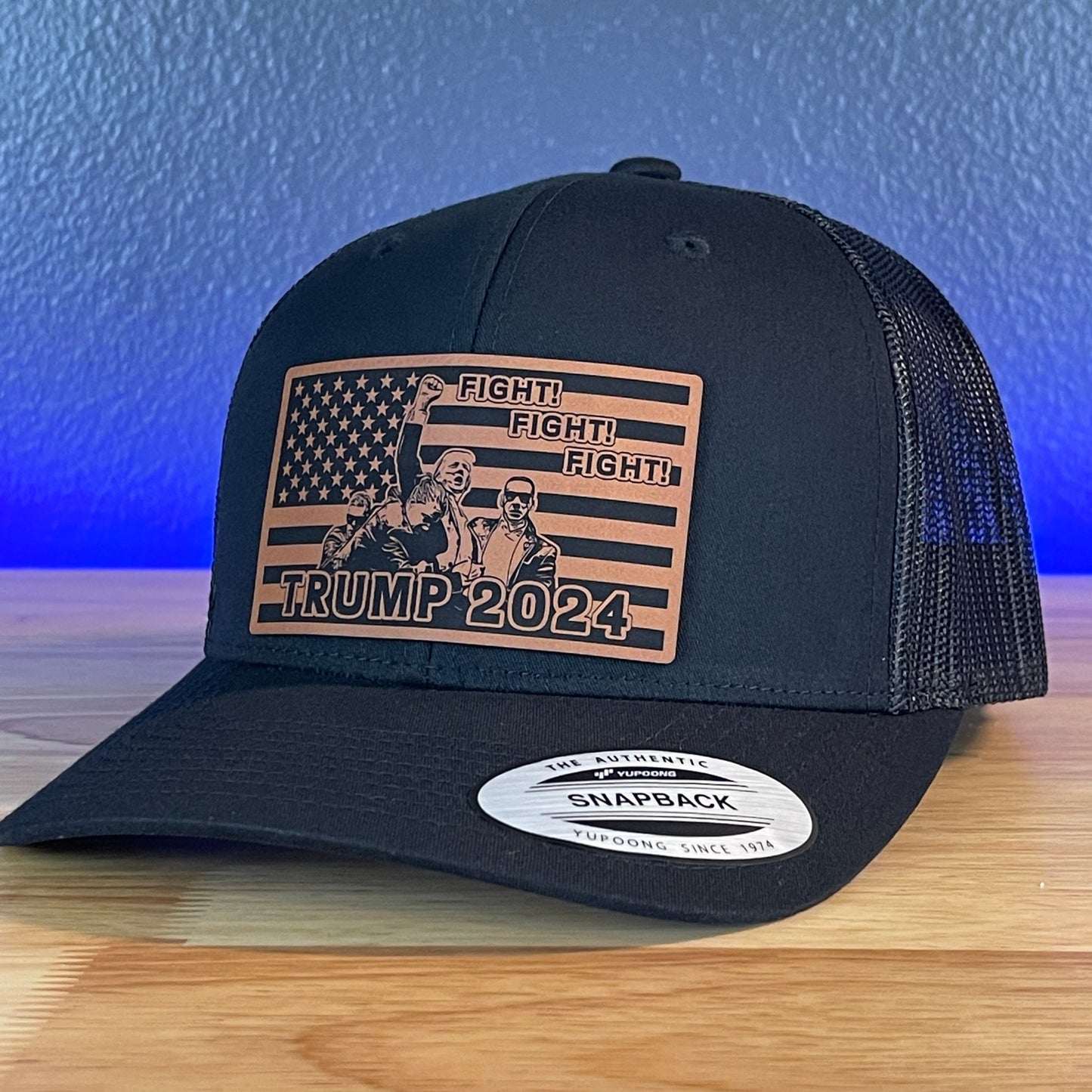 Trump 2024 Fight Fight Fight Flag SnapBack Trucker Rawhide Leather Patch Hat Black - Hollow Point Society - Patch Hat