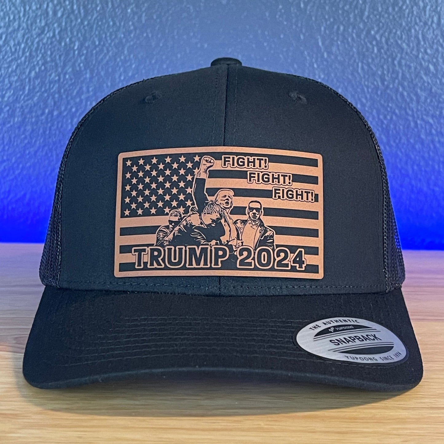 Trump 2024 Fight Fight Fight Flag SnapBack Trucker Rawhide Leather Patch Hat Black - Hollow Point Society - Patch Hat