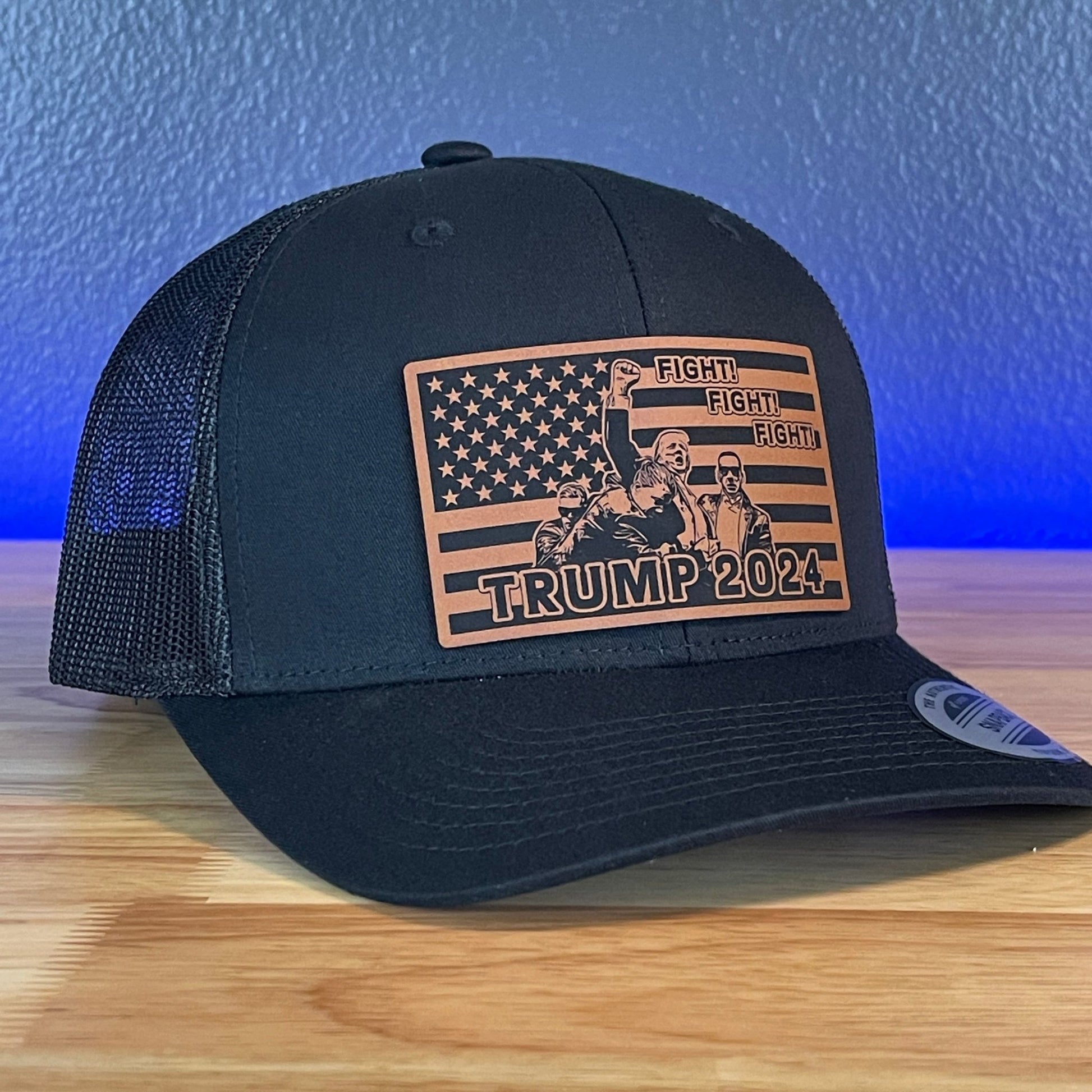 Trump 2024 Fight Fight Fight Flag SnapBack Trucker Rawhide Leather Patch Hat Black - Hollow Point Society - Patch Hat