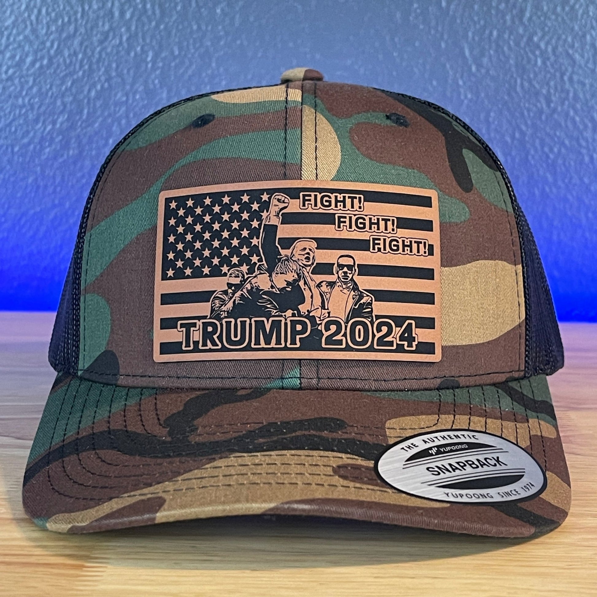 Trump Hat Fight Fight Fight Flag SnapBack Trucker Rawhide Leather Patch Hat Camo/Black - Hollow Point Society - Patch Hat