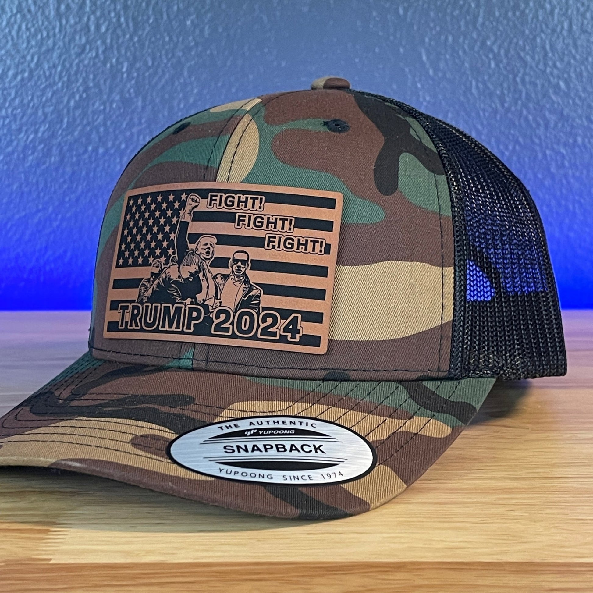 Trump Hat Fight Fight Fight Flag SnapBack Trucker Rawhide Leather Patch Hat Camo/Black - Hollow Point Society - Patch Hat