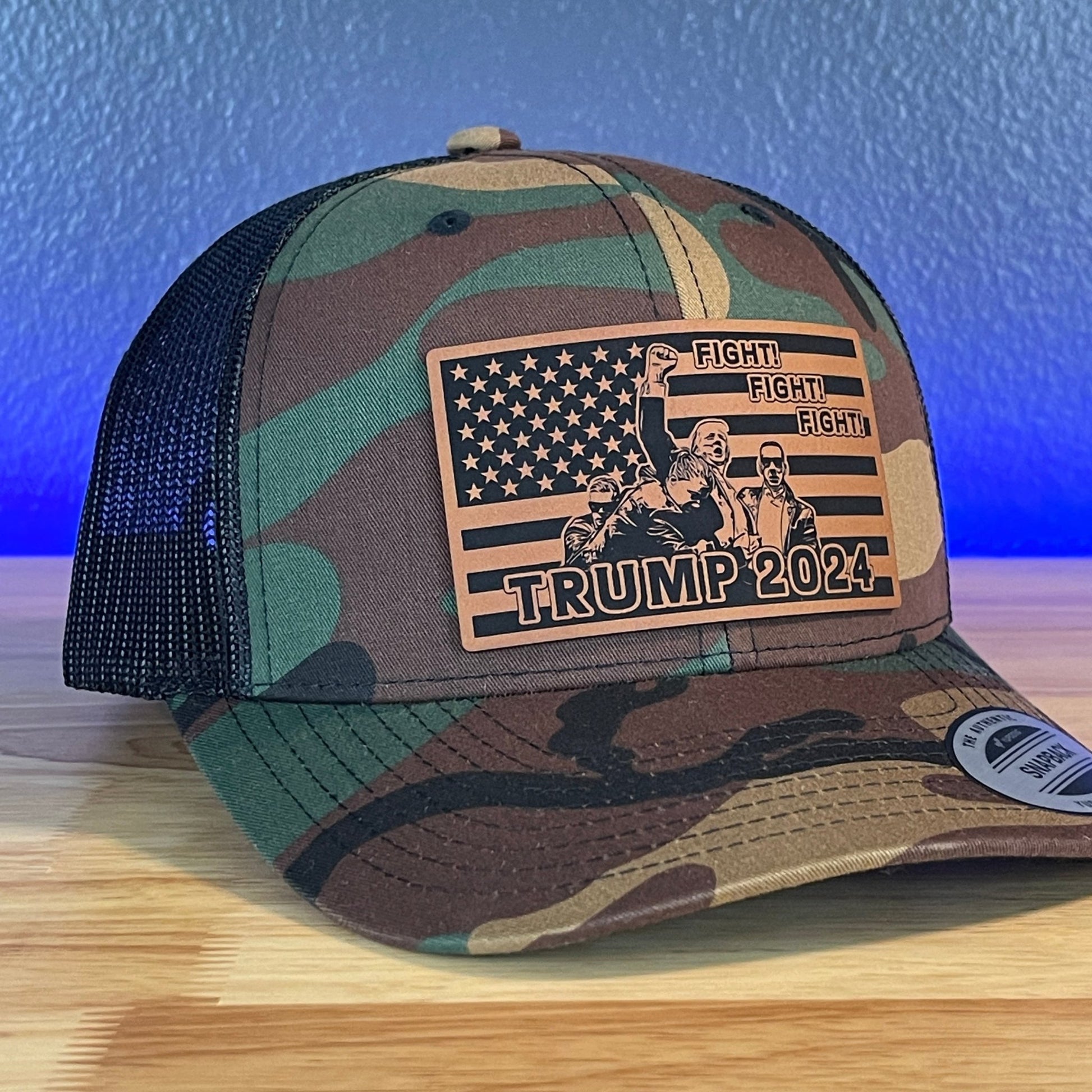 Trump Hat Fight Fight Fight Flag SnapBack Trucker Rawhide Leather Patch Hat Camo/Black - Hollow Point Society - Patch Hat