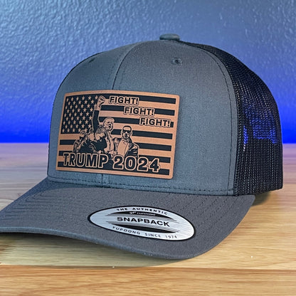 Trump 2024 Fight Fight Fight Flag SnapBack Trucker Rawhide Leather Patch Hat Charcoal - Hollow Point Society - Patch Hat