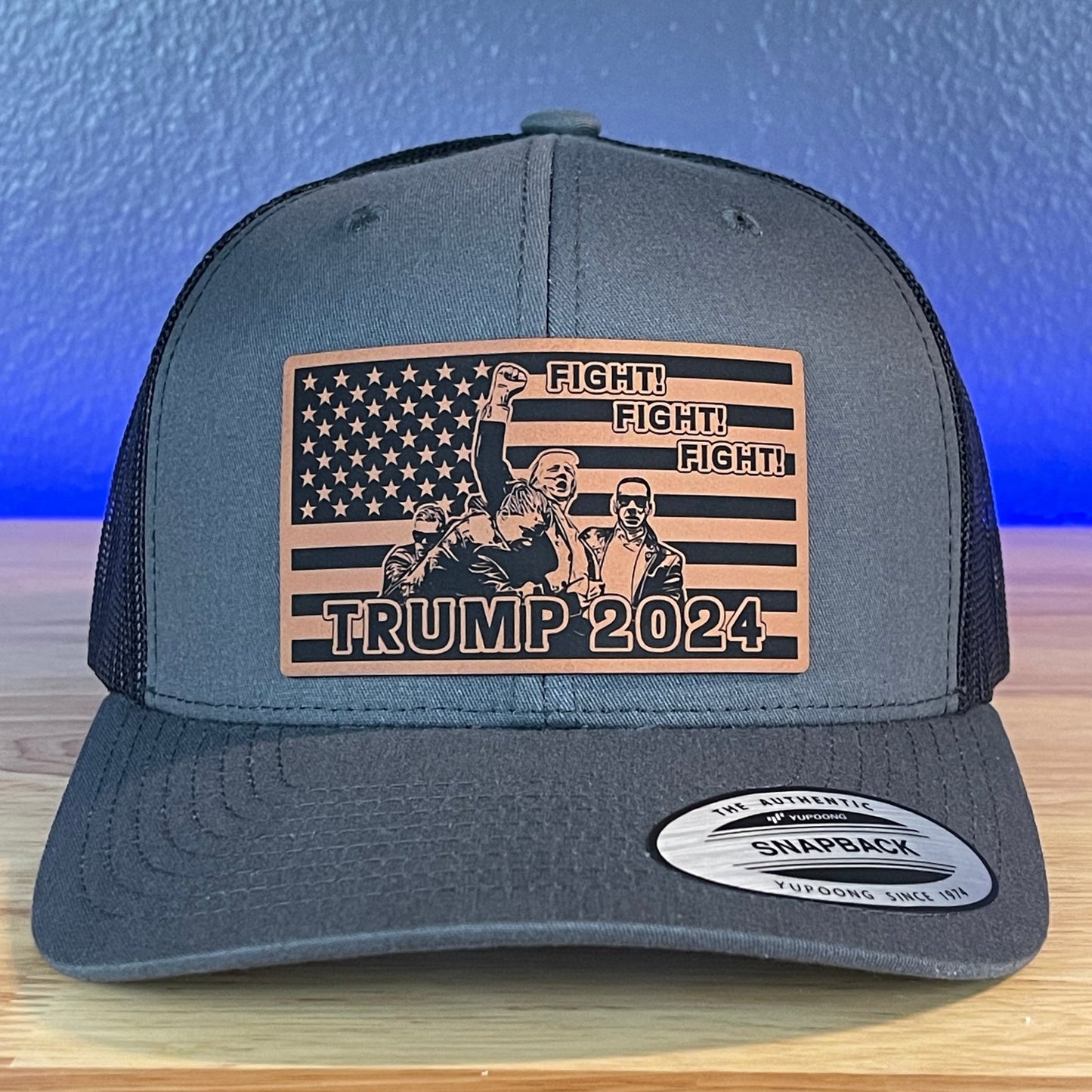 Trump 2024 Fight Fight Fight Flag SnapBack Trucker Rawhide Leather Patch Hat Charcoal - Hollow Point Society - Patch Hat