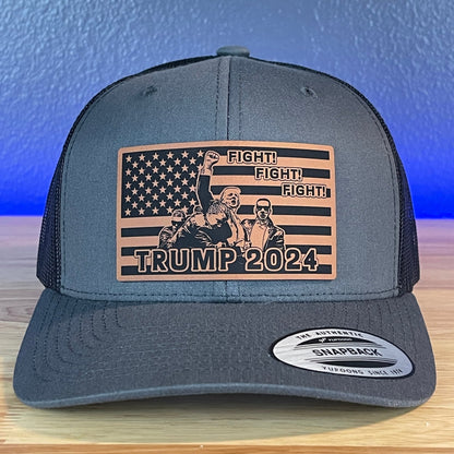 Trump 2024 Fight Fight Fight Flag SnapBack Trucker Rawhide Leather Patch Hat Charcoal - Hollow Point Society - Patch Hat