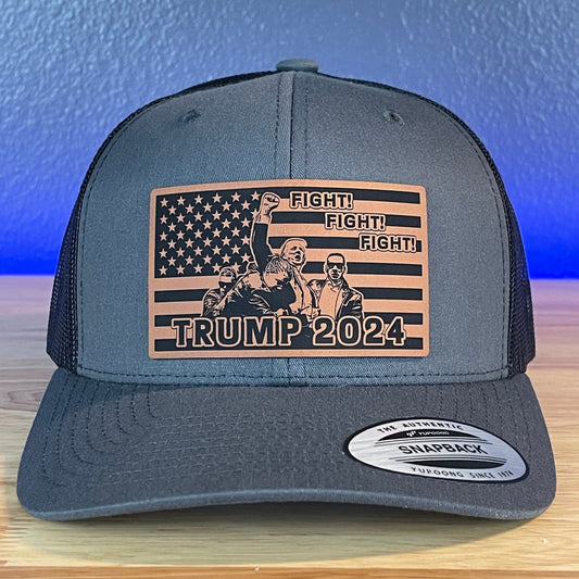 Trump 2024 Fight Fight Fight Flag SnapBack Trucker Rawhide Leather Patch Hat Charcoal - Hollow Point Society - Patch Hat