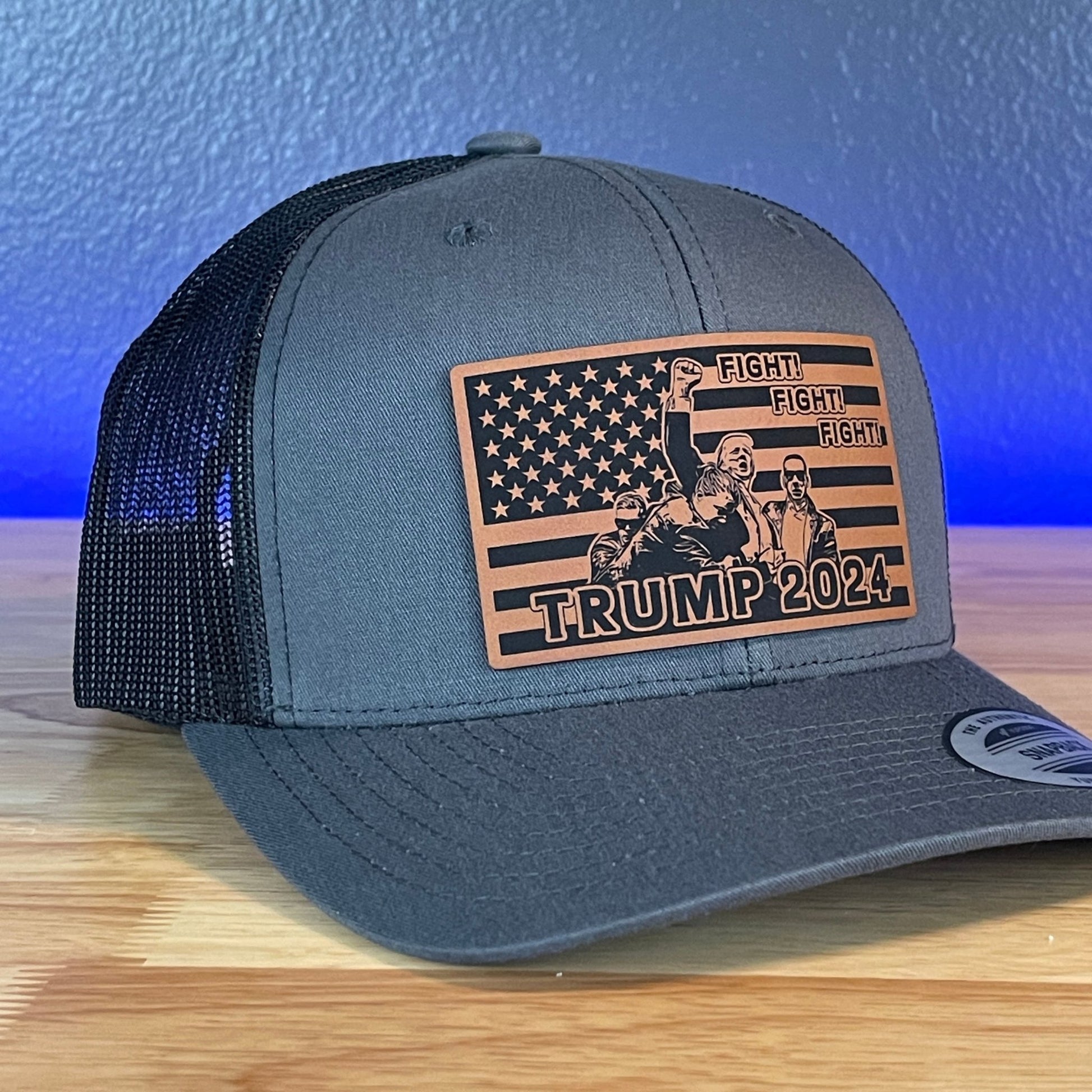 Trump 2024 Fight Fight Fight Flag SnapBack Trucker Rawhide Leather Patch Hat Charcoal - Hollow Point Society - Patch Hat