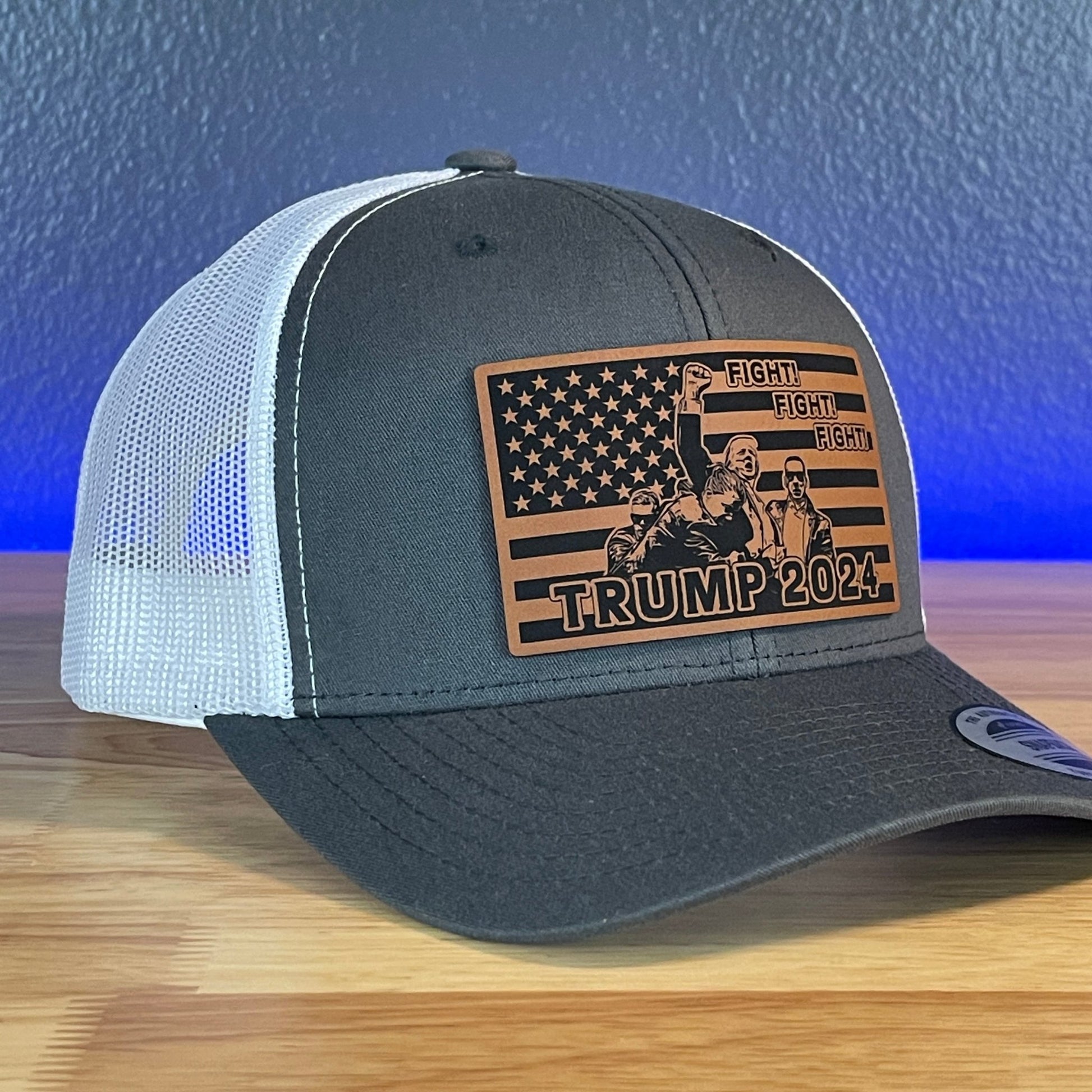 Trump 2024 Fight Fight Fight Flag SnapBack Trucker Rawhide Leather Patch Hat Charcoal/White - Hollow Point Society - Patch Hat