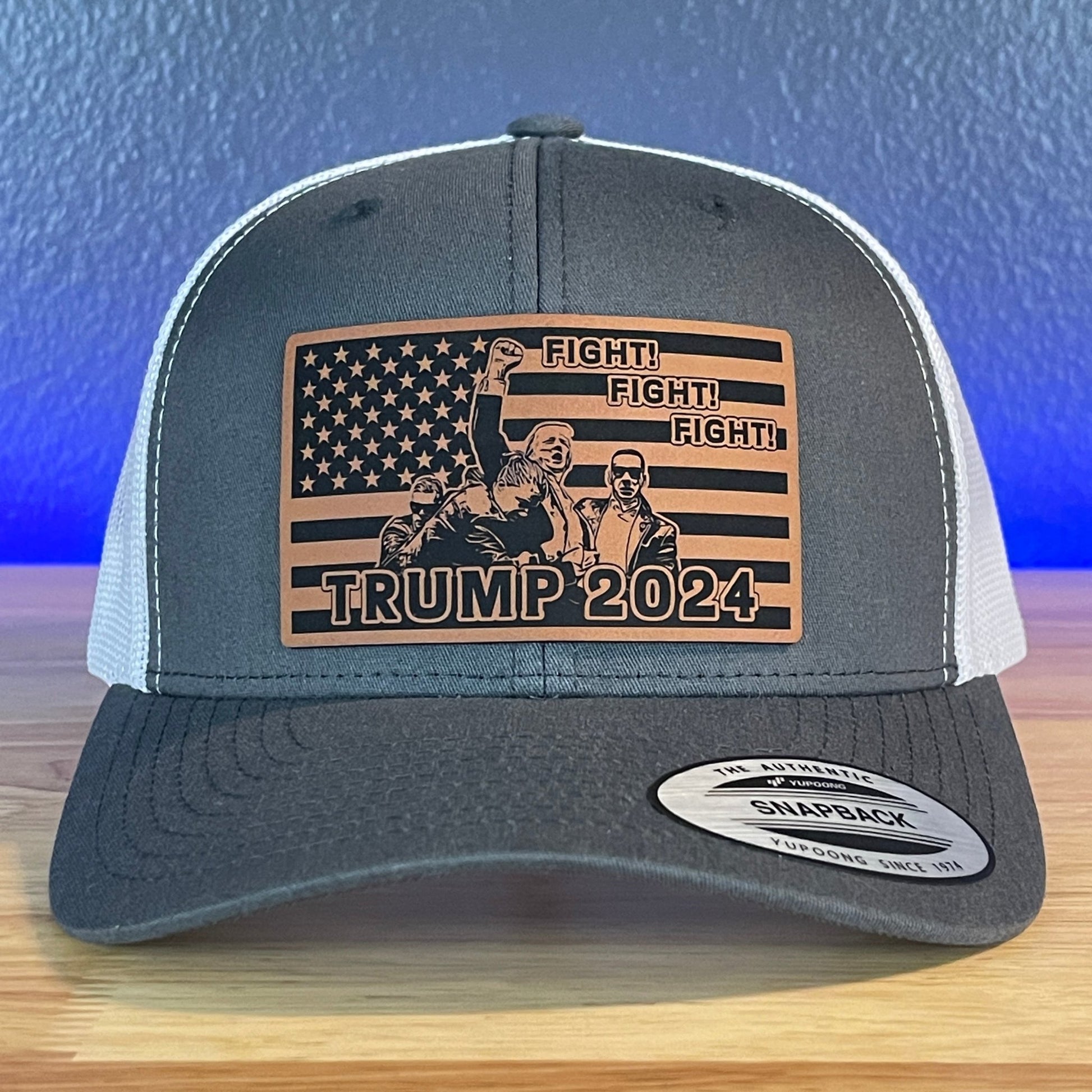 Trump 2024 Fight Fight Fight Flag SnapBack Trucker Rawhide Leather Patch Hat Charcoal/White - Hollow Point Society - Patch Hat