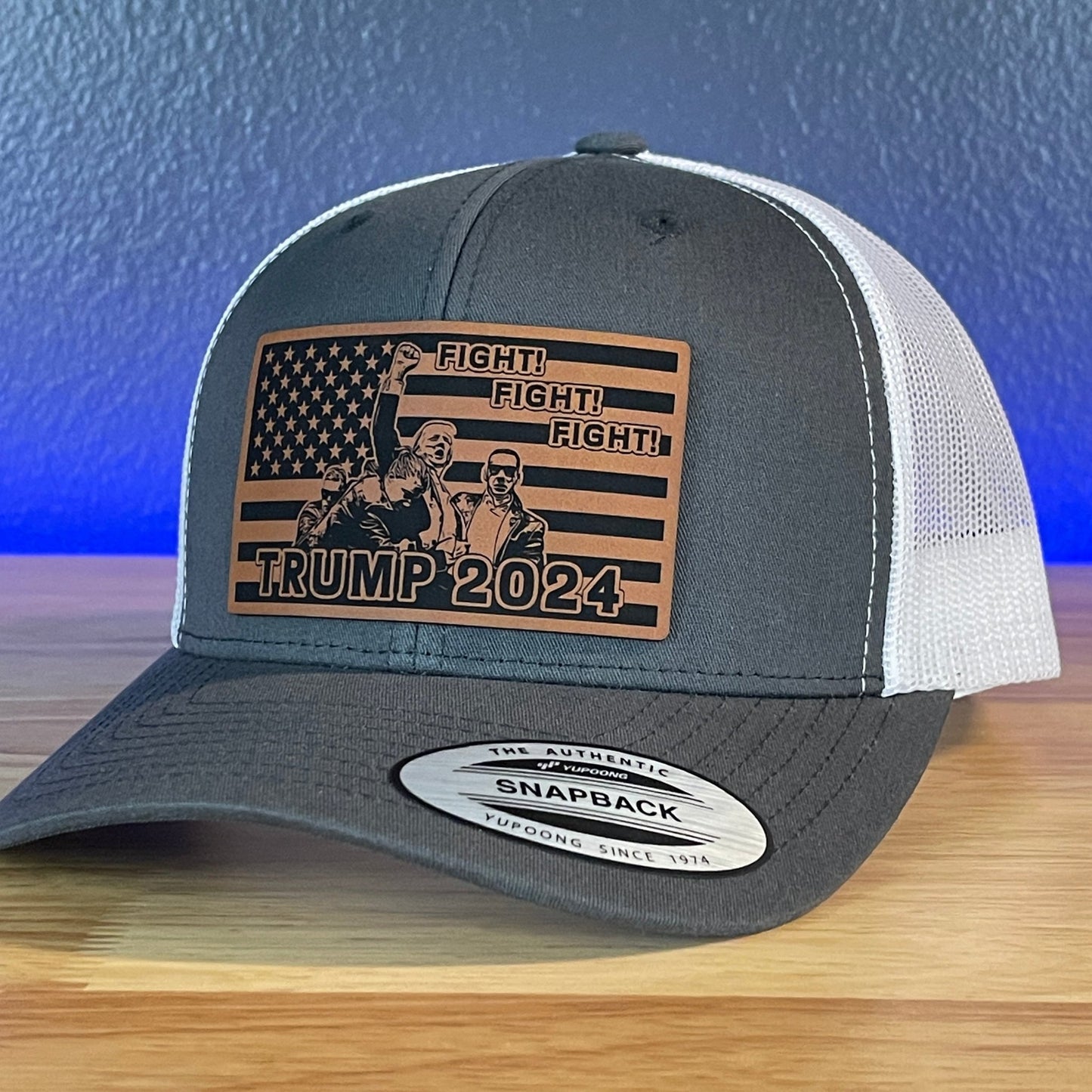 Trump 2024 Fight Fight Fight Flag SnapBack Trucker Rawhide Leather Patch Hat Charcoal/White - Hollow Point Society - Patch Hat