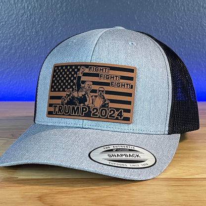 Trump 2024 Fight Fight Fight Flag SnapBack Trucker Rawhide Leather Patch Hat - Hollow Point Society - Patch Hat