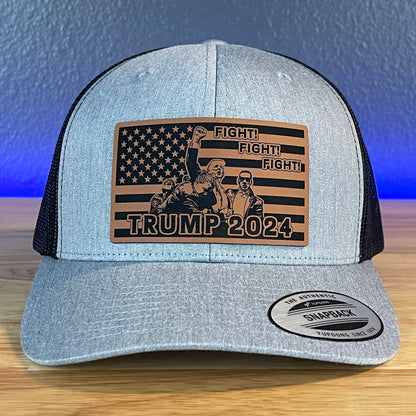 Trump 2024 Fight Fight Fight Flag SnapBack Trucker Rawhide Leather Patch Hat - Hollow Point Society - Patch Hat