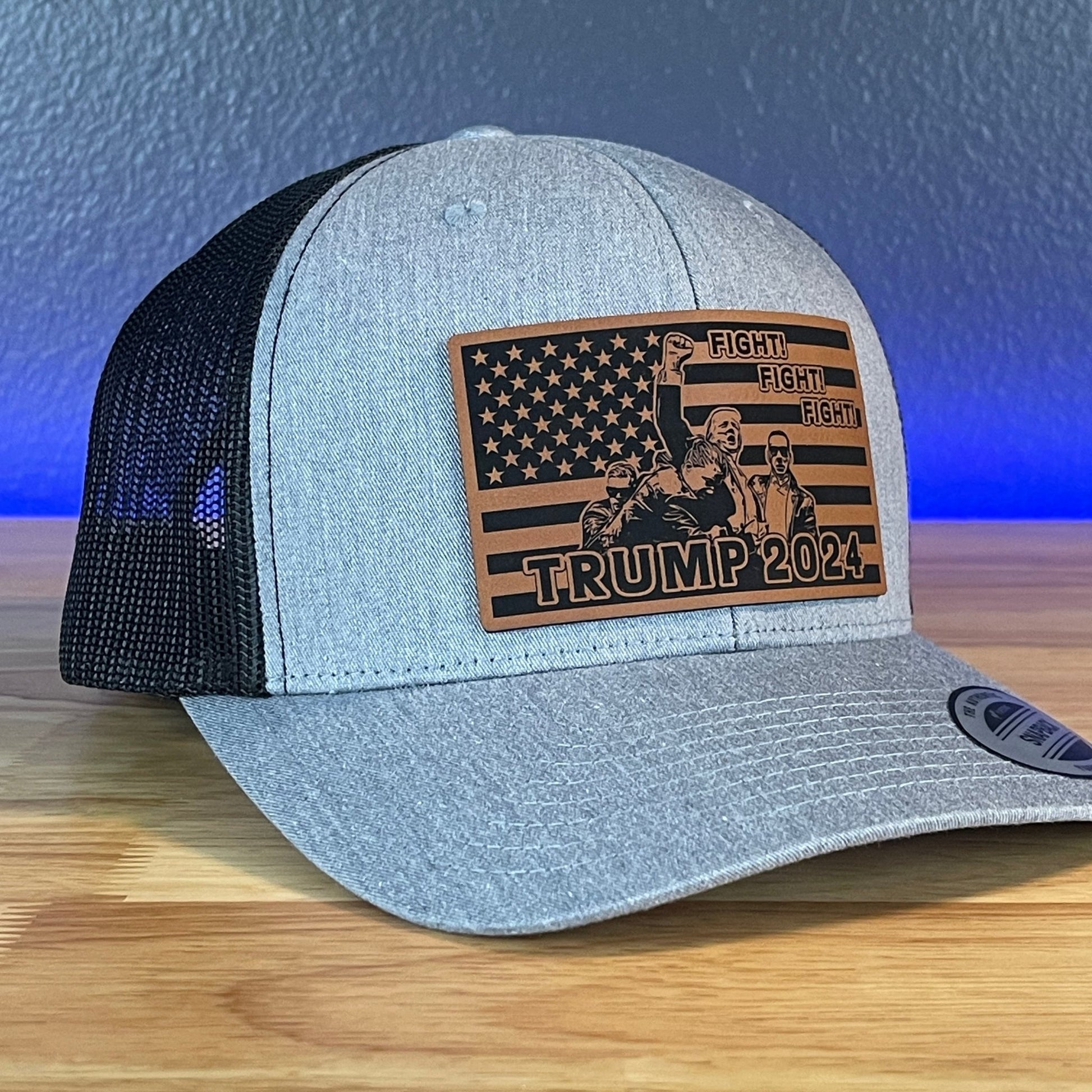 Trump 2024 Fight Fight Fight Flag SnapBack Trucker Rawhide Leather Patch Hat - Hollow Point Society - Patch Hat