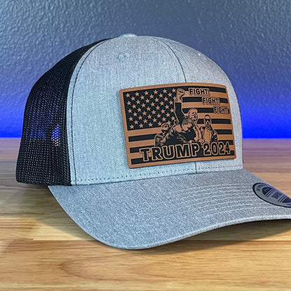 Trump 2024 Fight Fight Fight Flag SnapBack Trucker Rawhide Leather Patch Hat - Hollow Point Society - Patch Hat