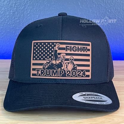 Trump 2024 Fight Flag SnapBack Trucker Rawhide Leather Patch Hat Black - Hollow Point Society - Patch Hat